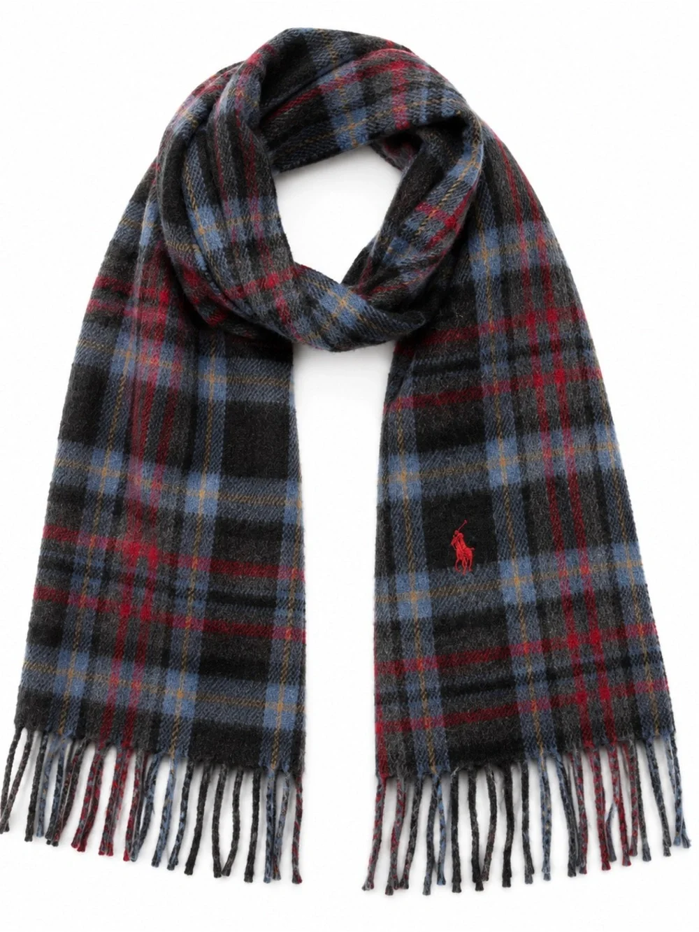 Polo Ralph Lauren Plaid Virgin Wool Reversible Fringe Scarf Italy 70x9